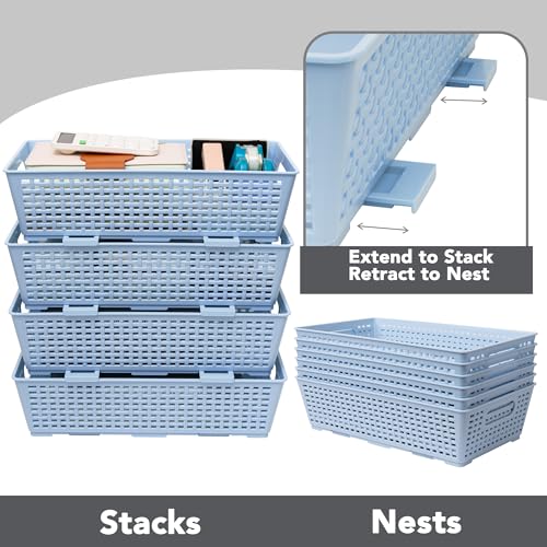 Tiawudi Stackable Woven Plastic Basket, Storage Bins for Cabinet, Closet, Shelf, Under Sink and Countertop, Pantry Organizer Bins, 6 Pack - color: Light Blue