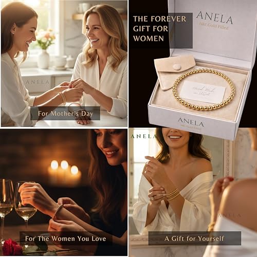 Anela 14k Gold Filled Beaded Bracelet for Women | 4mm Gold Beaded Bracelet | Stackable Gold Stretch Bracelets, Waterproof, Non Tarnish Dainty Gold Bracelet for Women Gifts, Handmade in USA