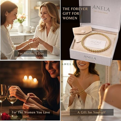 Anela 14k Gold Filled Beaded Bracelet for Women | 4mm Gold Beaded Bracelet | Stackable Gold Stretch Bracelets, Waterproof, Non Tarnish Dainty Gold Bracelet for Women Gifts, Handmade in USA