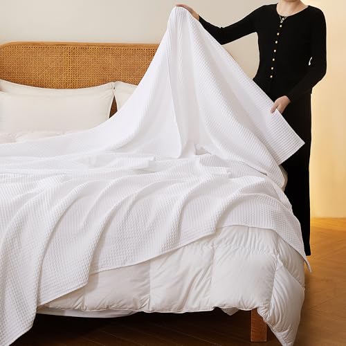 100% Cotton Waffle Blanket (White - Throw Size - 50 * 60''), Pre-Washed and Anti-Shrinkage Soft Lightweight Bed & Couch Blanket, 380 GSM Waffle Weave Throw Blanket for All Seasons - color: White, size: Throw (50"*60")
