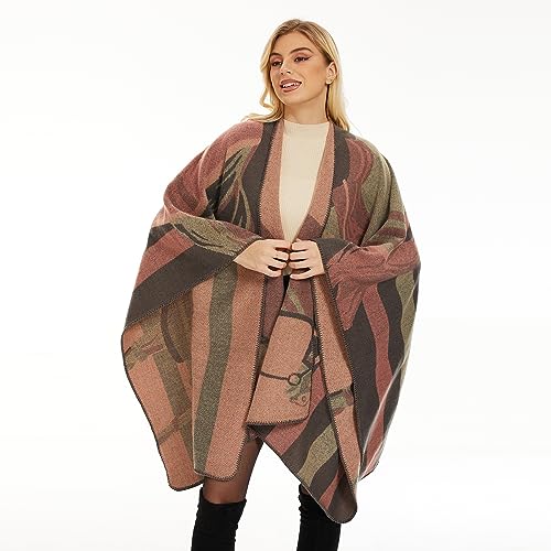 Shawl Wraps for Women, Elegant Knitted Cape Open Front Poncho Scarf Blanket Cardigan Coat for Spring, Autumn, and Winter - color: Pink Black