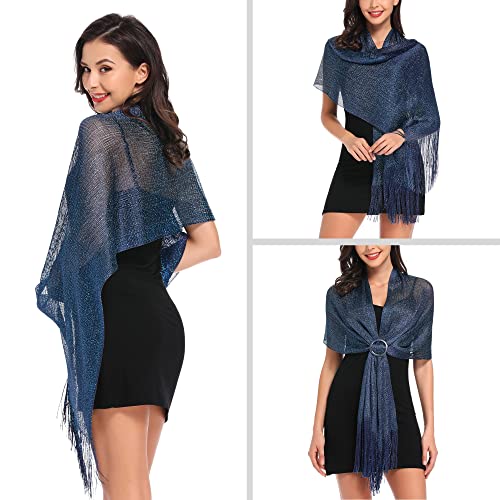 vimate Sparkling Metallic Shawls and Wraps for Evening Party/Wedding/Formal Dresses (With Free Buckle) - color: D1#. Navy Blue (With Navy Blue Buckle)