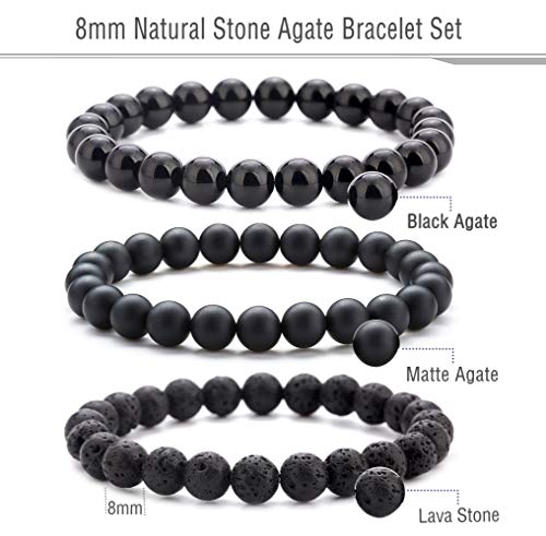 Men Women 8mm Natural Stone Lava Rock Diffuser Bracelet Elastic Yoga Agate Beads Bracelet Bangle - color: Set 2