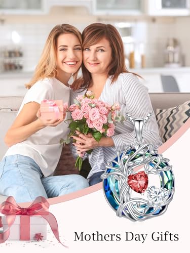 TOUPOP s925 Sterling Silver Family Celtic Tree of Life Pendant Necklaces with 2 Heart Birthstone with Blue Austrian Crystal Jewelry Birthday Valentines Day Gifts for Her, Anniversary Christmas Gifts for Wife Girlfriend Mom (18K Real White Gold Filled) - c