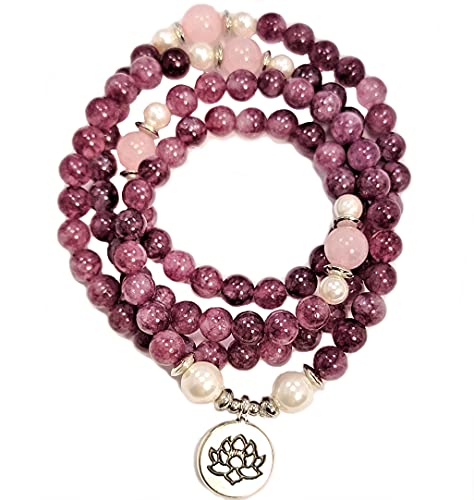 108‑Bead Mala Necklace – Natural Stones Lepidolite, Rose Quartz & South Sea Pearl with Silver Lotus Charm – Handmade 6mm/8mm Beaded Meditation Necklace or Wrap Bracelet – USA Artisan Jewelry