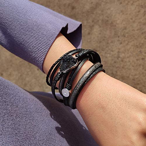 Artilady Leather Wrap Bracelets for Women - Pearl Bracelets Handmade Clasp Bangle Bracelet with Beads Jewelry Gift for Women and Mother - style: Black with druzy
