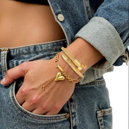 2PCS 18K Gold Plated Nail Bangle & Chain Bracelet Set for Women, Adjustable Stackable Bangle Jewelry, Dainty Gold Bracelet Gift for Women - color: Set J