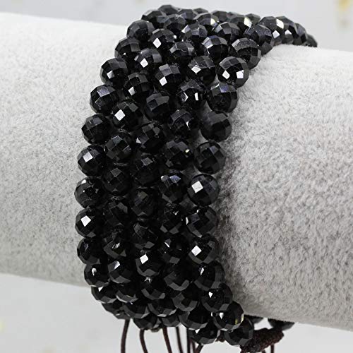 Keleny Natural Gemtone 6mm Round Beads Crystal Adjustable Braided Macrame Tassels Bracelets Unisex - color: Faceted Black Tourmaline