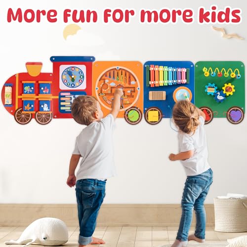 Train Activity Wall Busy Board Panels | 11-in-1 Wooden Sensory Wall Panel for Kids, Toddler Montessori Learning Activity Center, Perfect for Toddler Playroom Nursery Classroom Dentist Waiting Room - style: Train