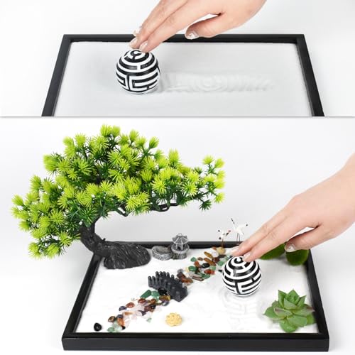 Artcome Japanese Zen Sand Garden for Desk - Home, Office Desk Accessories - Crafted Meditation Therapy Rectangle Tray - Mindful Relaxation Tool for Stress Relief - color: Black Ball