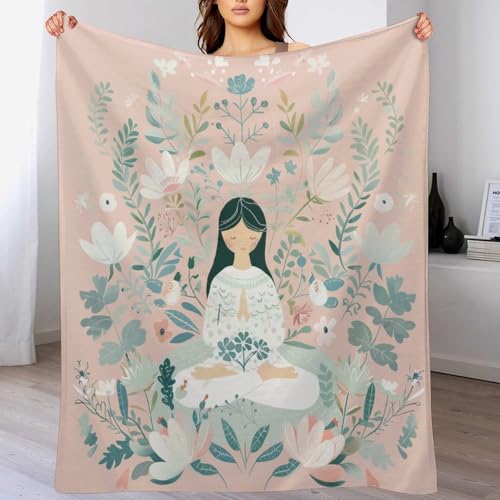 Cartoon Meditation Woman Throw Blanket, Soft Cozy Warm Flannel Cute Lotus Flower Botanical Blanket for Couch Sofa Bed, 30"x40" - color: Cartoon Meditation Woman, size: 30"x40"