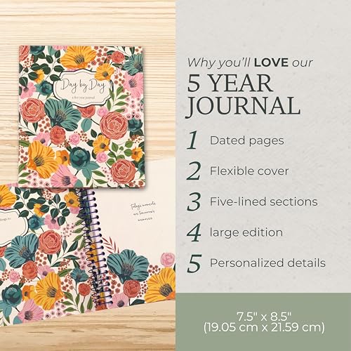 Steel Mill & Co 5 Year Journal for Daily Reflection and Mindfulness, One Line A Day Journal Memory Book, 8.5 x 7.5" Large Daily Journal, Gratitude Journal for Mother's Day, Garden Blooms Cream