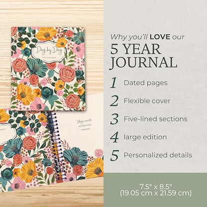 Steel Mill & Co 5 Year Journal for Daily Reflection and Mindfulness, One Line A Day Journal Memory Book, 8.5 x 7.5" Large Daily Journal, Gratitude Journal for Mother's Day, Garden Blooms Cream