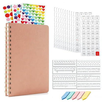 Dot Grid Journal Starter Kit, A5 Spiral Notebook with Stencil Ruler, Date & Color Stickers, Hardcover, 120gsm Thick Paper, Subtle Blue Dotted Pages for Planning, Study & Work - Pink - color: Pink