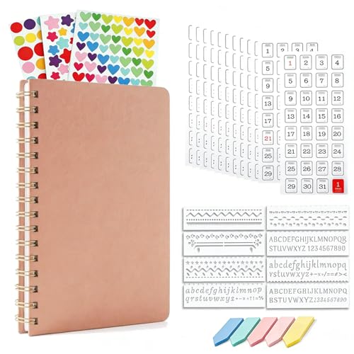 Dot Grid Journal Starter Kit, A5 Spiral Notebook with Stencil Ruler, Date & Color Stickers, Hardcover, 120gsm Thick Paper, Subtle Blue Dotted Pages for Planning, Study & Work - Pink - color: Pink