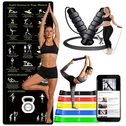 Lightweight and Portable Yoga Mat - Non-Slip Exercise Mat with Printed Yoga Poses for Pilates, Workout & Stretching - Includes Resistance Bands and Weighted Jump Rope - Home & Gym Use - size: 70"x27" (3.5mm Thickness)