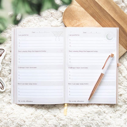 Daily Reflection Journal with Clear Quartz Pen – Luna Moth Design for Gratitude, Dream Exploration & Manifestation – 100 Sheets (200 Pages) for Personal Growth & Inner Guidance