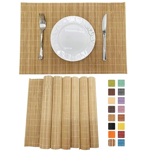 Non-Slip Bamboo Placemats Set of 6, 17.7x11.8 Inch - Heat Resistant & Easy-Clean, Natural Woven Table Mats for Daily Dining, Family Meals or Home Decor (Brown) - color: Brown, size: Set of 6