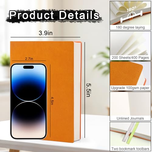 Thick Blank Journal Notebook 400Pages Sketch Book Blank Journal Unlined No Lines Soft Leather A6 (3.9 × 5.5) Journal Leather Notepad Drawing Book Memo Writing Sketch Pad Diary Notebook - color: Orange-400 Page