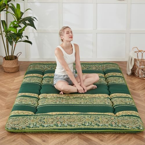 Zelladorra Japanese Floor Mattress, Futon Mattress with Portable Storage Bag and Washable Cover, Roll Up Thick Tatami Mat Suitable for Camping, Guest Room (Boho Green, Full) - color: Bohemian Green ( 4"th + Dust Cover ）, size: Full (80"L x 54"W)