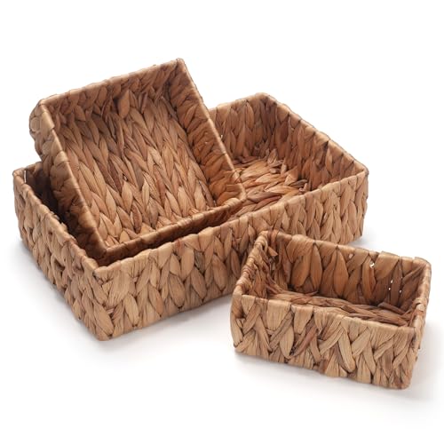 Water Hyacinth Rectangular Storage Basket for Organizing Natural Wicker Baskets for Shelves Pantry Bathroom Set of 3