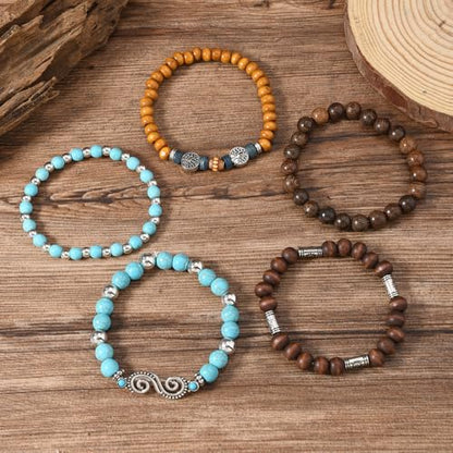 5pcs Wooden Bead Bracelet Set with Charm and Tassel for Men & Women - Stackable Boho Bracelets, Amber Color Scheme Adjustable Bracelet - color: Brown and Light Blue