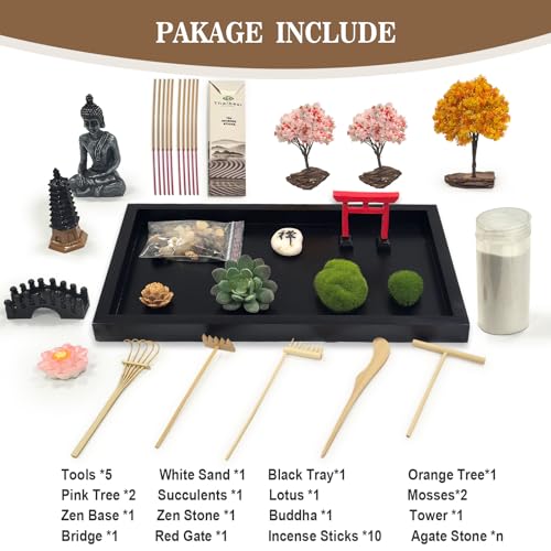 Zen Garden for Desk Decor - Premium Beautiful Japanese Mini Zen Sand Garden Kit Box for Home, Office Desk with Black Wooden Tray, White Sand, Tools, Red Gate, Buddha - Desktop Set
