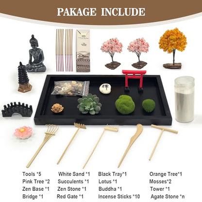 Zen Garden for Desk Decor - Premium Beautiful Japanese Mini Zen Sand Garden Kit Box for Home, Office Desk with Black Wooden Tray, White Sand, Tools, Red Gate, Buddha - Desktop Set