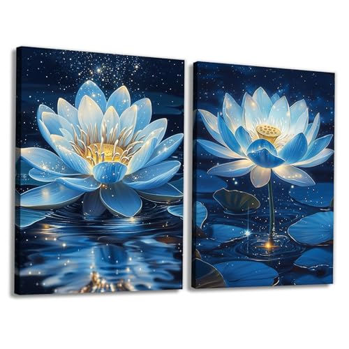 KPLUNDO Blue Lotus Floral Wall Art 2 Panel Blooming Zen Flower Pictures Print Nature Inspired Decor for Living Room Bedroom Yoga Room(Artwork-5,24"x36"x2pcs) - color: Artwork-5, size: 24"x36"x2pcs