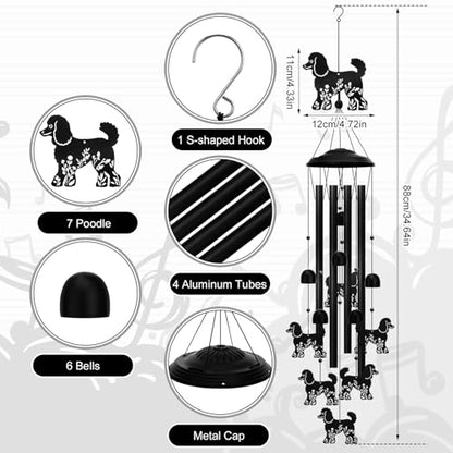Poodle Wind Chimes for Outside, 34.6 Inch Weather-Resistant Metal Wind Chimes with 4 Aluminum Tubes, Pet Memorial Sympathy Gift for Poodle Dog Lovers, Patio Yard Garden Decor