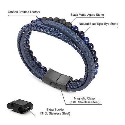 Leather Bead Bracelets for Men, Natural Tiger Eye Lava Rock Stone Bead Magnetic Clasp Adjustable Leather Bracelets Stress Relief Mens Anxiety Bracelet Mens Jewelry Gifts - style: Blue Leather-Blue Tiger Eye&Matte Agate