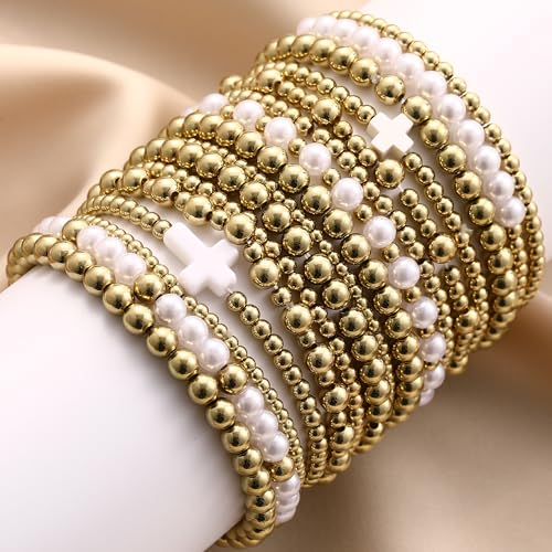 16 PCS Gold Bead Pearl Bracelet for Women, Gold Plated Beaded Strand Bead Ball Bracelets stack Adjustable Jewelry Set for Gifts - color: 01-GOLD