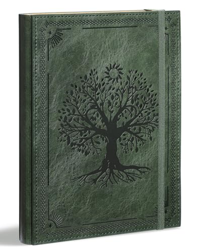 Leather Journal Notebook A5 Notepad Paper, 280 Pages Mens Journal College Ruled for Writing Work, 100GSM Hard Cover Notebooks Journaling for Women, 5.9" x 8.5" Lined with Index Stickers (Green Tree)
