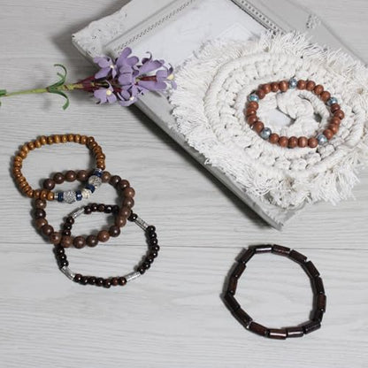 5pcs Wooden Bead Bracelet Set with Charm and Tassel for Men & Women - Stackable Boho Bracelets, Amber Color Scheme Adjustable Bracelet - color: Brown Blue Green