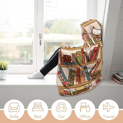 Sleeping Cat Library Bookshelf Large Size Comfortable Hooded Blanket, Warm Blanket 60"x80" - color: Sleeping Cat Library Bookshelf, size: 60"x80"