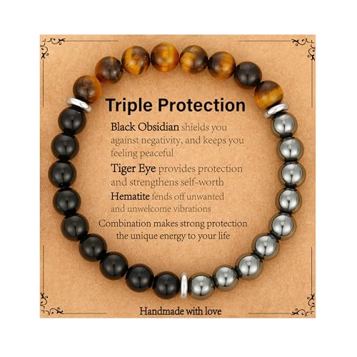 Gnamy Crystal Bracelet Gifts for Men Him- Triple Protection Hematite Black Obsidian Tiger Eye Gemstone Beaded Bracelets Birthday Healing Jewelry Gifts - style: Style 7