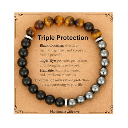 Gnamy Crystal Bracelet Gifts for Men Him- Triple Protection Hematite Black Obsidian Tiger Eye Gemstone Beaded Bracelets Birthday Healing Jewelry Gifts - style: Style 7