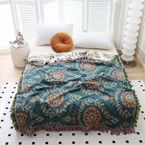 Snycler Boho Throw Blanket for Bed - 100% Cotton Ultra Soft Rustic Quilt - Blue Green Floral Printed Farmhouse Decor Bed Blankets, 60"×80" All Season Rustic Throw for Sofa Couch Chair - color: Blue Green Floral, size: 60"x80"