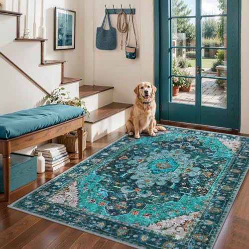3x5 Entryway Rug Indoor,Washable Non-Slip Low Pile Ultra Soft Area Rugs for Large Kitchen Bedroom Bedside Living Room Distressed Boho Carpet Home Decor