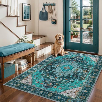 3x5 Entryway Rug Indoor,Washable Non-Slip Low Pile Ultra Soft Area Rugs for Large Kitchen Bedroom Bedside Living Room Distressed Boho Carpet Home Decor