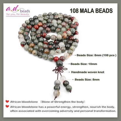 AD Beads 6mm 8mm 108 Prayer Mala Jasper Elastic Bracelet - Handmade Yoga Meditation Healing Power Energy Gifts for Unisex Adult. - color: African bloodstone(Strengthen the body)