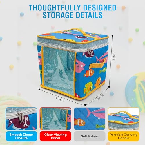 12" Soft Side Zipper Toy Storage Bag, Quilt Pattern Cloth Cube, Reusable, Clear Bag, Playroom, Bedroom & Puzzles Board Game Organizers And Storage Bin, Fish & Bubbles Design - color: Fish