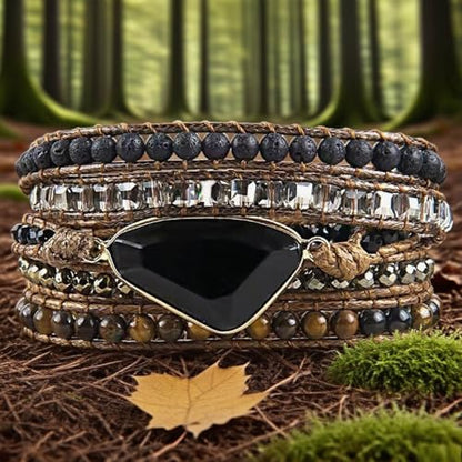 Boho Wrap Bracelet for Women, Handmade Natural Imperial Jasper Multi-Layer Stone Beaded Bracelet, Bohemian Healing Crystal Stone Jewelry Gifts - color: Obsidian