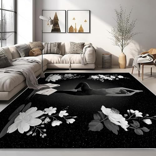Yoga Silhouette 7x10 Area Rug for Living Room - Washable Meditation Rugs - Non Slip & Soft Low Pile White Flower Rug, Large Accent Carpet for Bedroom, Dining Room, Under Table, Home Decor - Black - color: Deep Black -93, size: 7' x 10' (Rectangular)