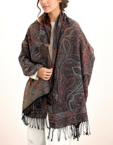 Achillea Reversible Paisley Pashmina Rave Scarf – Exotic Indian Shawls and Wraps for Evening Dresses, Festivals, All Seasons - color: Tapestry Black
