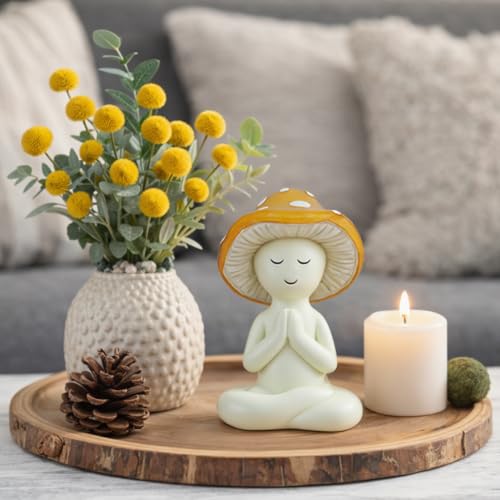 Meditation Mushroom Statue Yoga Mushroom Figurine Tabletop Decor for Home Shelf Office Coffee Table Garden Yard Patio Mushroom Meditation Sculpture Gift for Women Friends Mom Decoration - color: Yellow