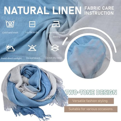 Two-tone Linen Scarf for Women Lightweight Summer Wrap Cotton Shawl Beach Travel Pashmina Gauze 75"×35" - color: Haze Blue/Light Grey