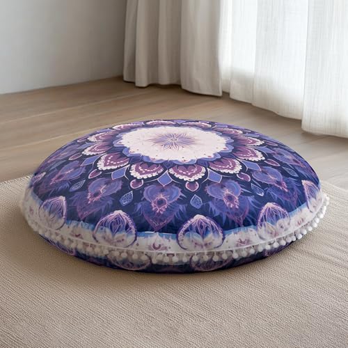 Meditation Cushion 32 Inch Round, Large Floor Pillow Seating for Adults, Bohemian Mandala Yoga Cushion, Extra Thick Memory Foam Removable Washable Cover, Ideal Gift & Holiday Decor, Purple