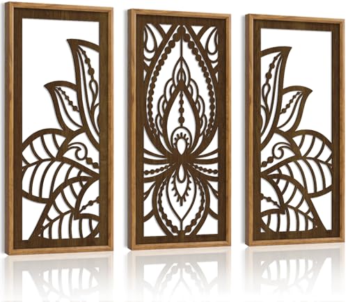 3PCS Lotus Flower Wall Decor, Mandala Carved Wood Sign for Yoga Room, Spiritual Meditation Wooden Hanging Plaque Home Decor for Living Room Office Bathroom Decoration(8x16Inch) - color: Mandala Flower Wooden Wall Art