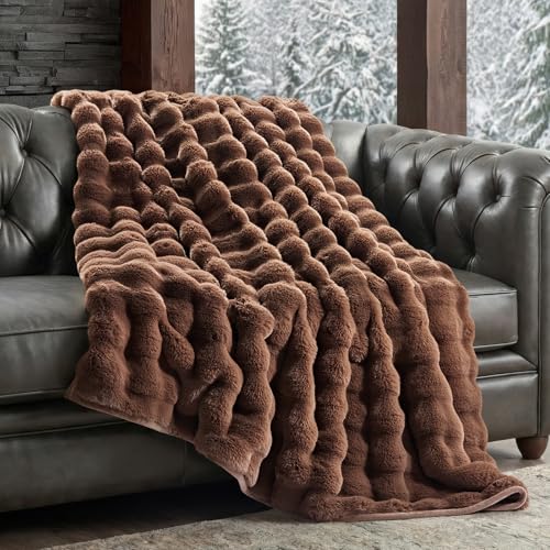 EverGrace Ultra Soft Luxury Fluffy Faux Rabbit Fur Throw Blanket, Thick Warm Bubble Throw for Bed, Cozy Plush Reversible Blankets for Couch, Chair, Sofa, Chestnut, 60x80 Inches - color: Chestnut, size: 60"x80"